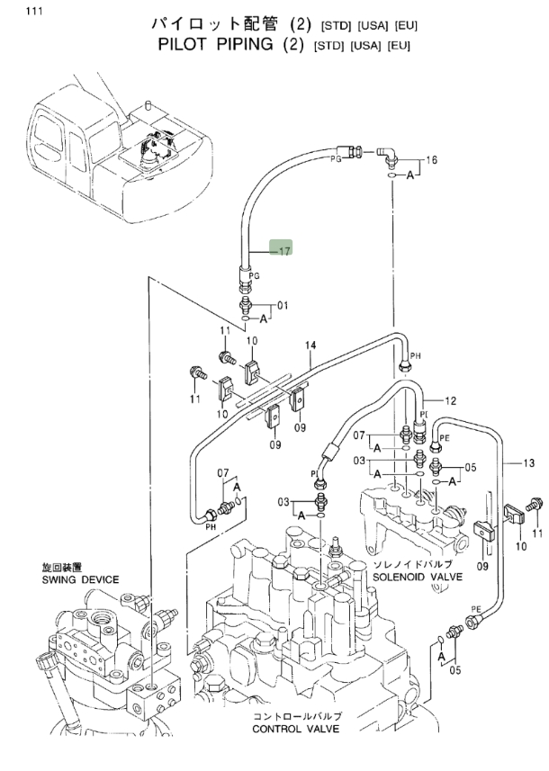 Hitachi EX100M-5 installation diagram showing hydraulic hose 4366267 at Pipe No. 17