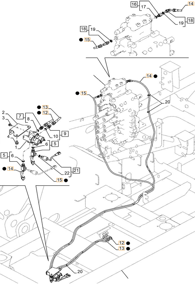 Case CX250E LC installation diagram showing hydraulic hose KHJ16300 at Pipe No. 15