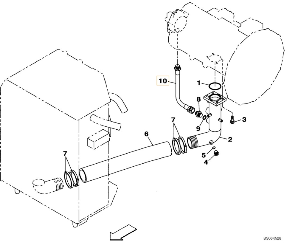 Case CX210BLR installation diagram showing hydraulic hose KBJ2809 at Pipe No. 10
