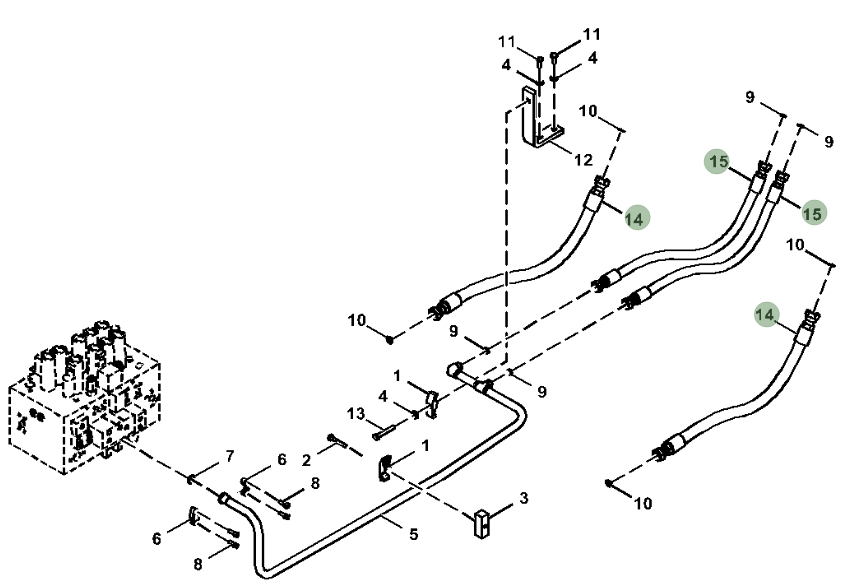 Hitachi ZX300LC-6N installation diagram showing hydraulic hose 4661965 at Pipe No. 15