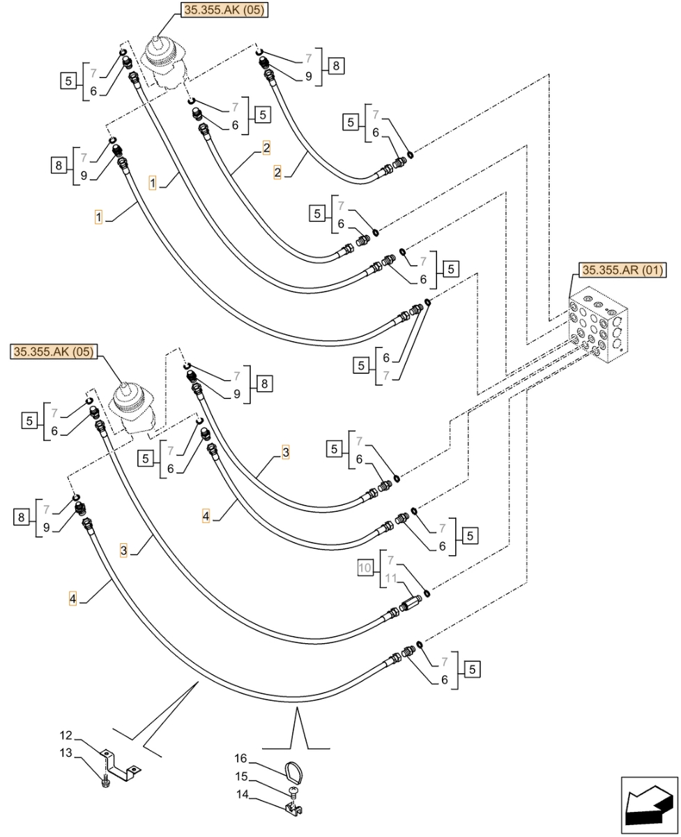 Case CX370D NLC installation diagram showing hydraulic hose 168025A1 at Pipe No. 3