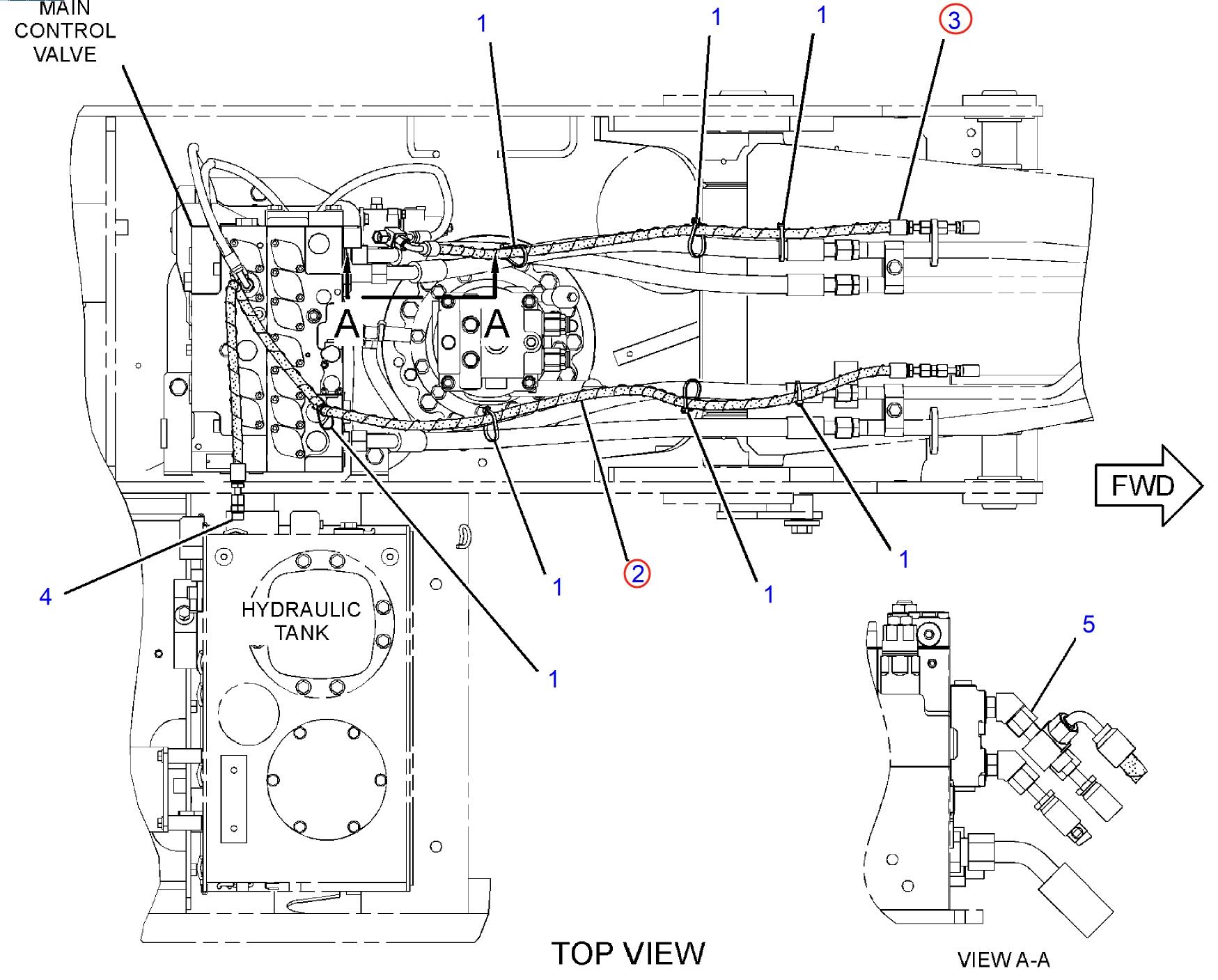 Caterpillar CAT®312E installation diagram showing hydraulic hose 320-0063 at Pipe No. 2