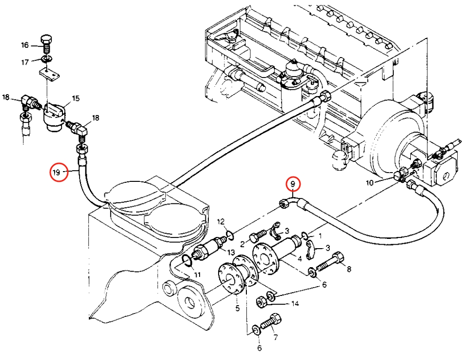 Caterpillar CAT®213B installation diagram showing hydraulic hose 8U-0348 at Pipe No. 19