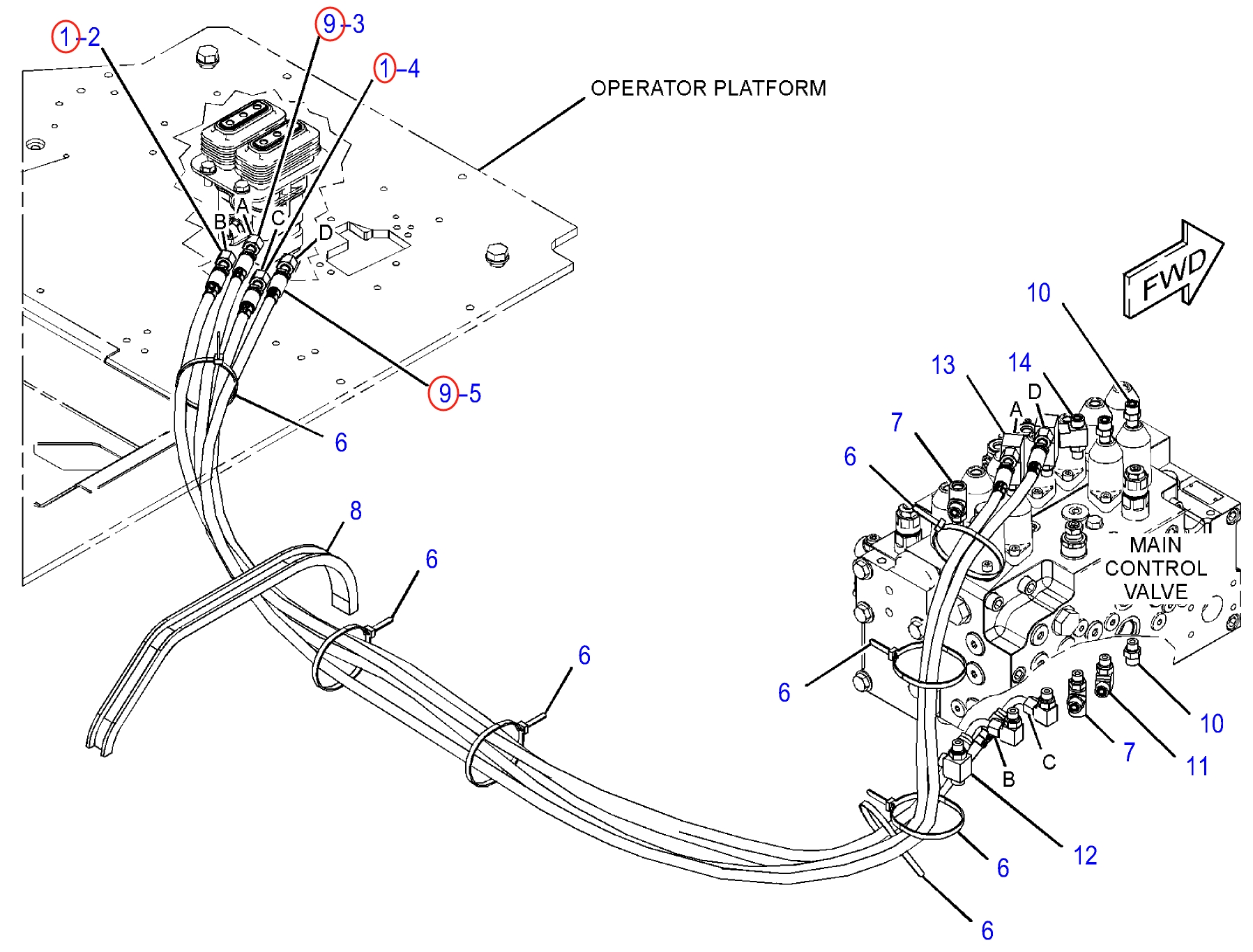 Caterpillar CAT®314F CR installation diagram showing hydraulic hose 292-7419 at Pipe No. 9