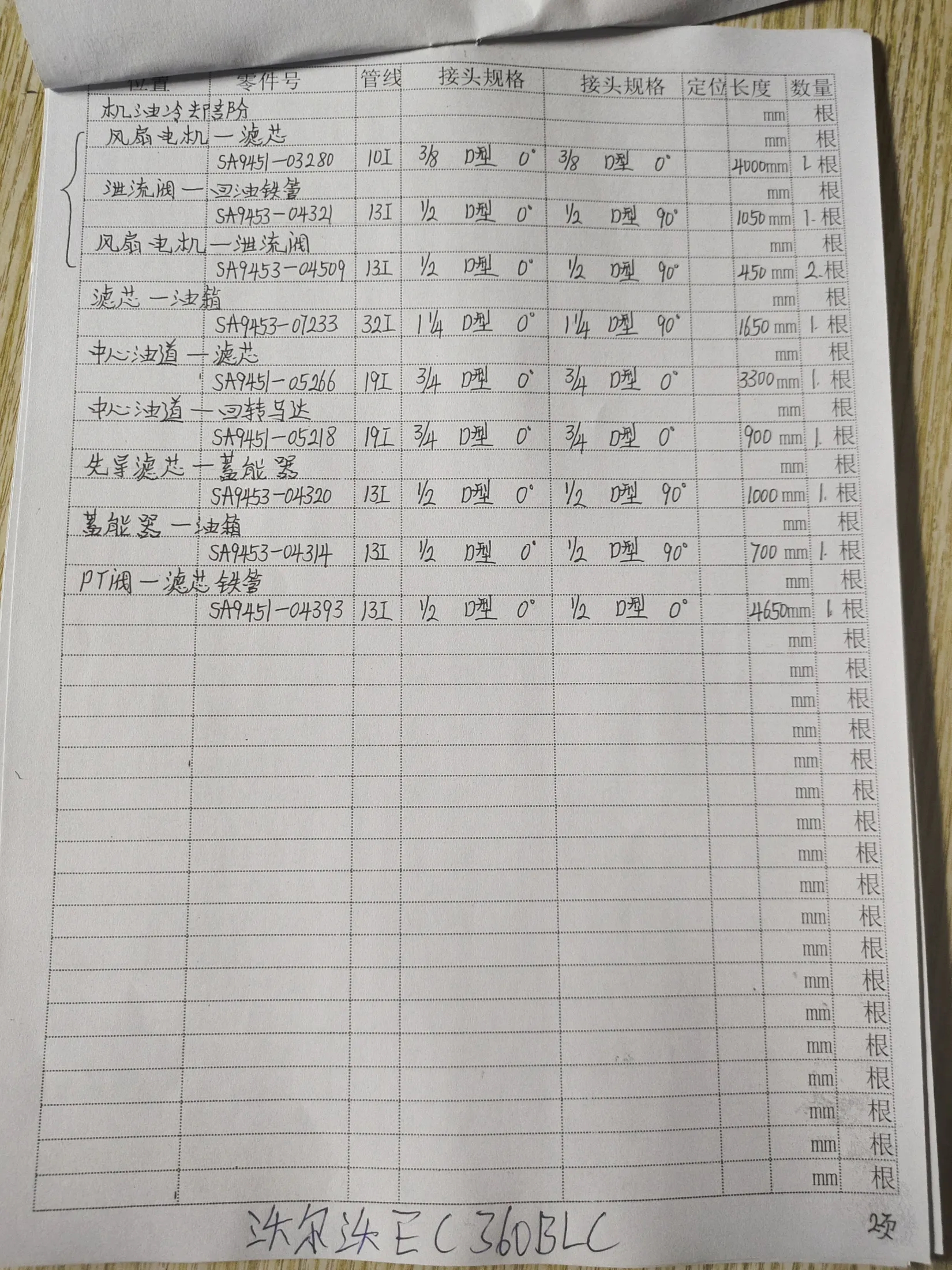 Volvo 360BLC hydraulic hose part numbers and recorded lengths — technician notebook page 2 of 5 — recorded hose parts SA9451-0439313I, SA9451-05218, SA9451-05266