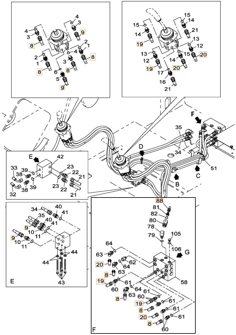 Case CX300B installation diagram showing hydraulic hose 159217A1 at Pipe No. 19