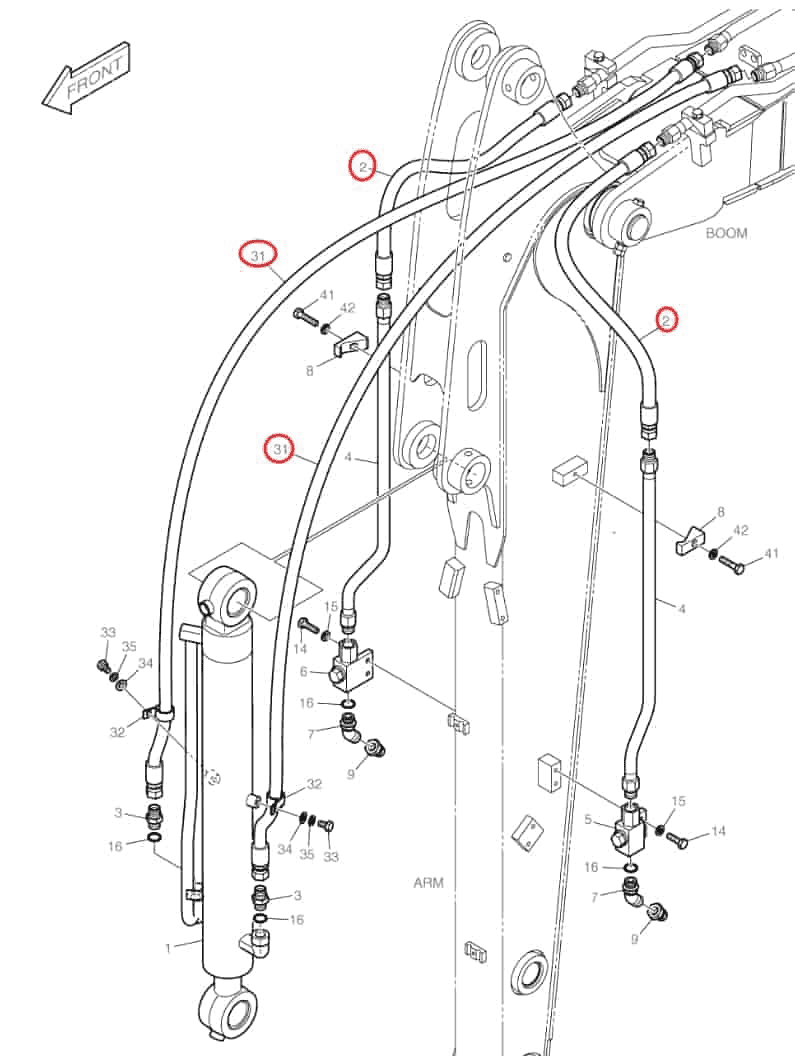 Doosan DX60R installation diagram showing hydraulic hose DS2094360 at Pipe No. 31