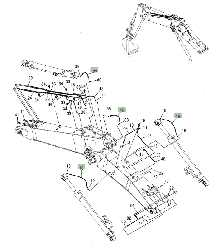 Hitachi ZX160LC installation diagram showing hydraulic hose 4472408 at Pipe No. 37