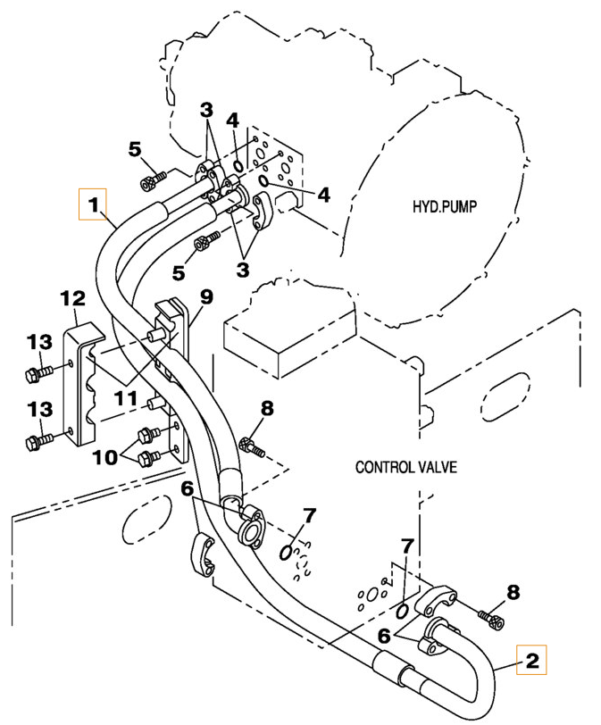 Case CX250C installation diagram showing hydraulic hose KRJ16320 at Pipe No. 1