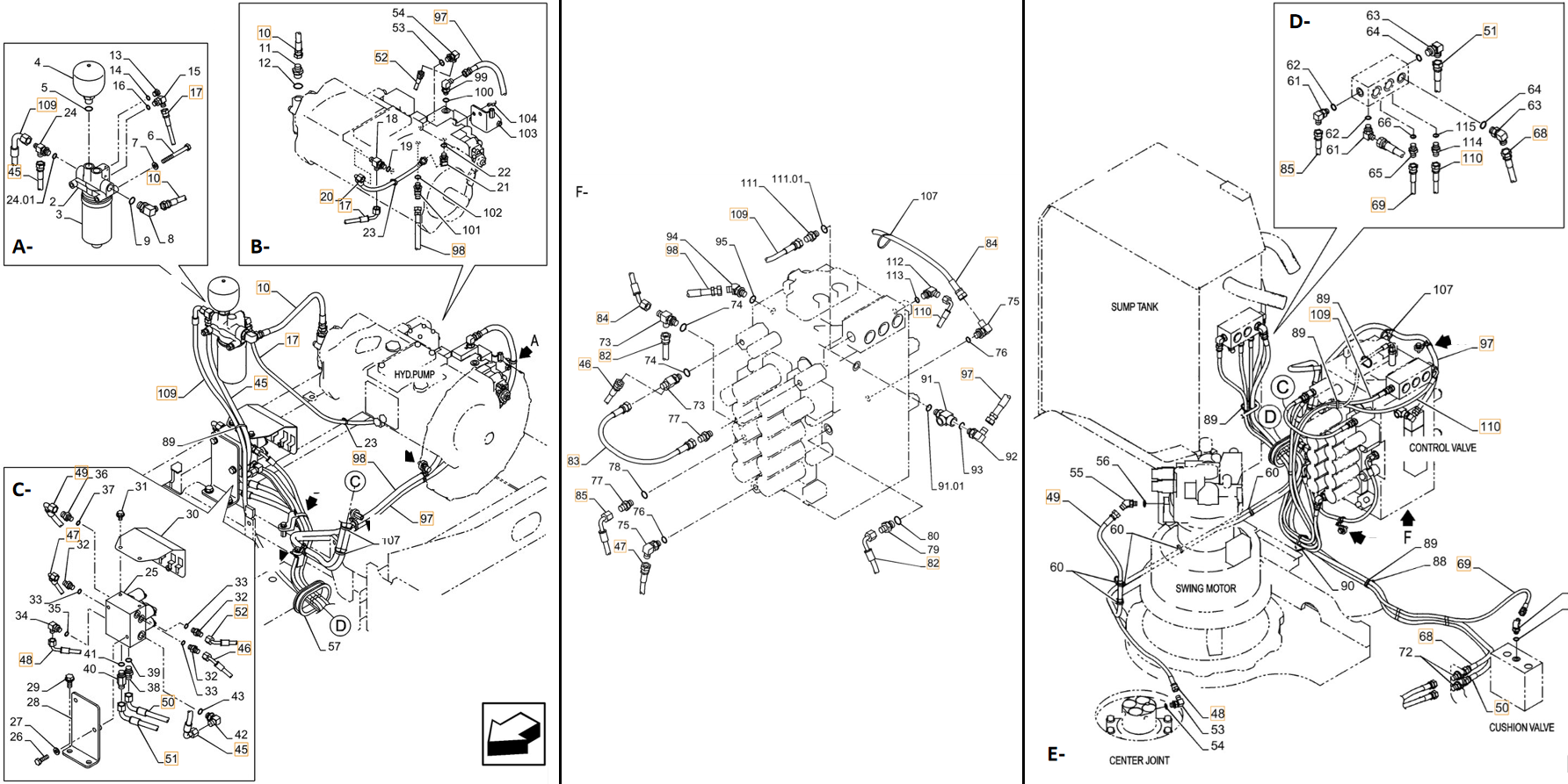 Case CX260C LC installation diagram showing hydraulic hose KHJ2309 at Pipe No. F84