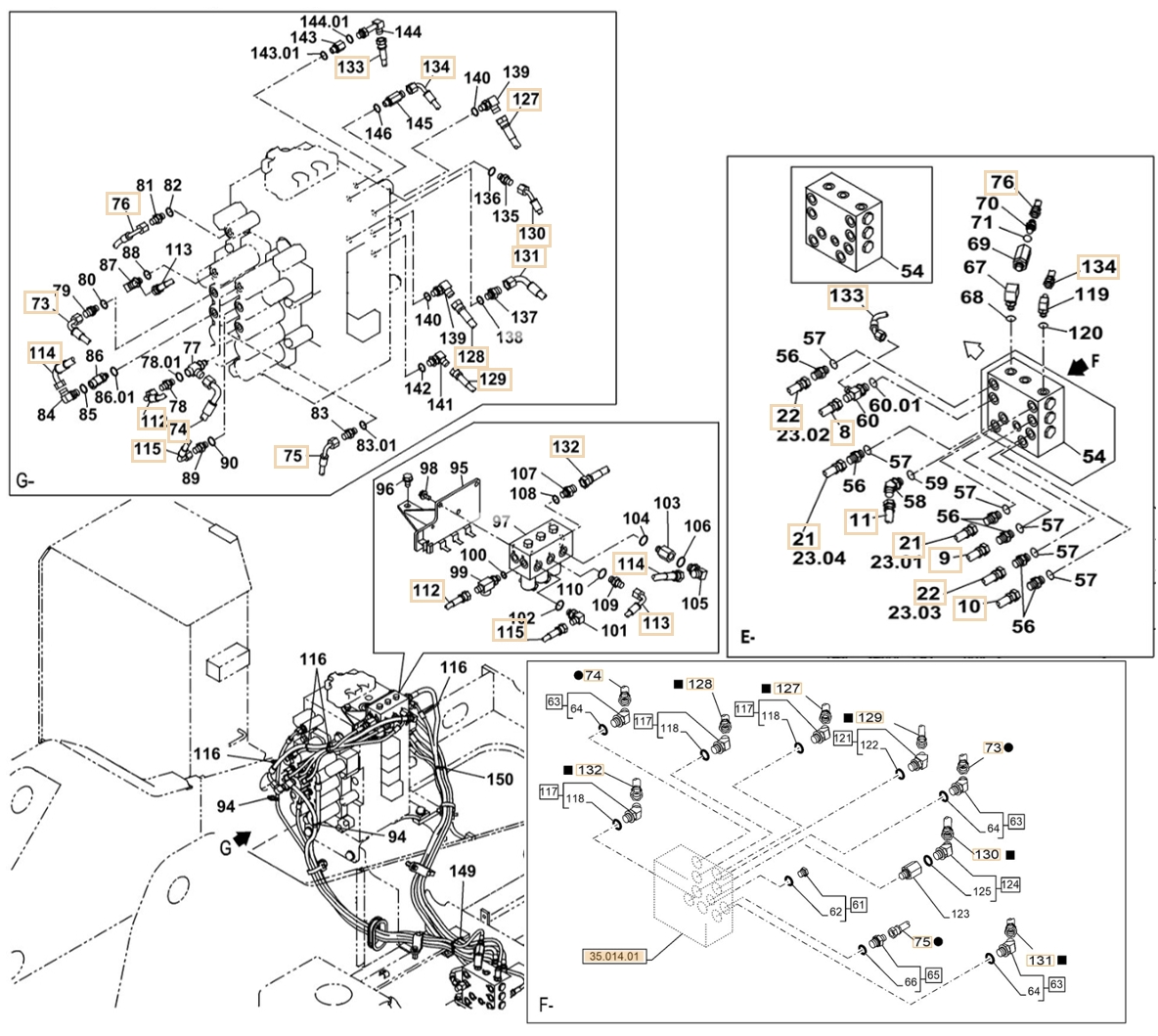 Case CX210C-8 installation diagram showing hydraulic hose KHJ2309 at Pipe No. 113