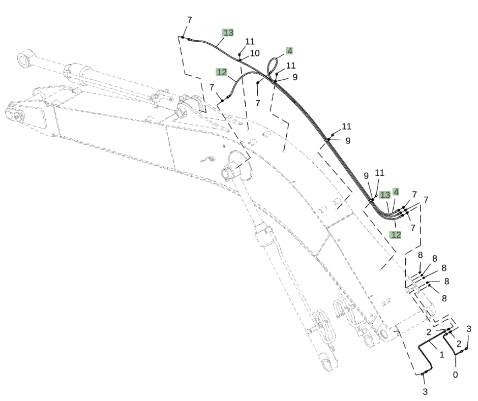 Hitachi ZX210LC-5G installation diagram showing hydraulic hose 4447713 at Pipe No. 4