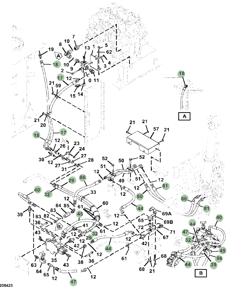 Hitachi ZX470LC-5B installation diagram showing hydraulic hose 4441431 at Pipe No. 32