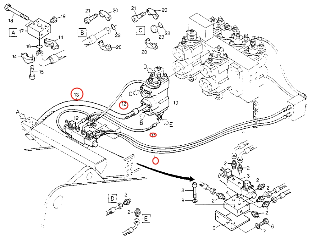 Caterpillar CAT®214B FT installation diagram showing hydraulic hose 8U-1332 at Pipe No. 13