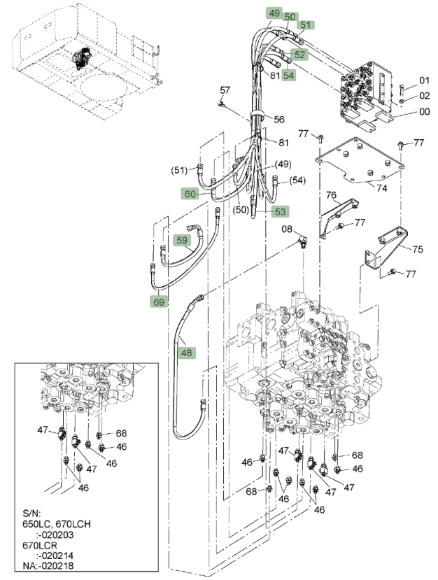 Hitachi ZX650LC-3 installation diagram showing hydraulic hose 4634370 at Pipe No. 51