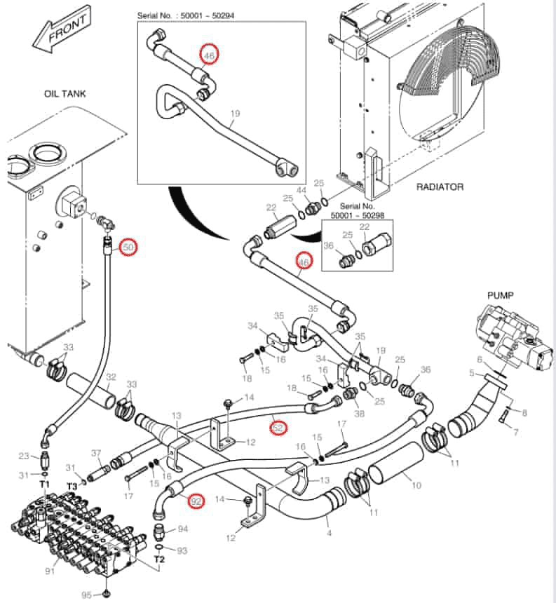 Doosan DX55 installation diagram showing hydraulic hose 2184-1061D265 at Pipe No. 92