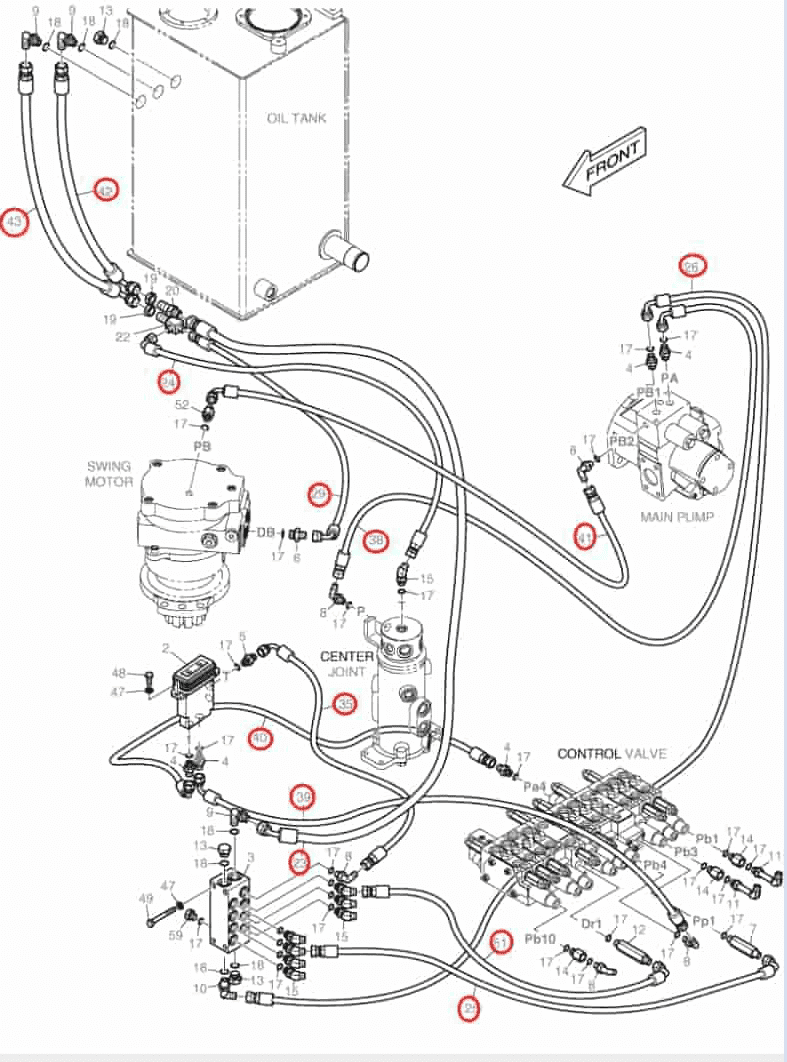 Doosan DX35Z installation diagram showing hydraulic hose DS2093017 at Pipe No. 40
