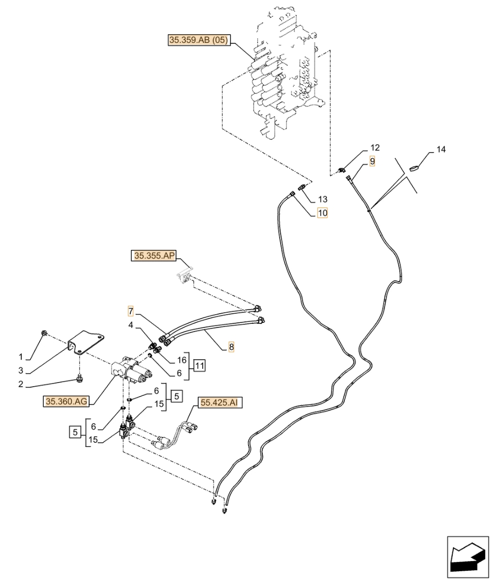 Case CX370D LC installation diagram showing hydraulic hose KHJ2088 at Pipe No. 8