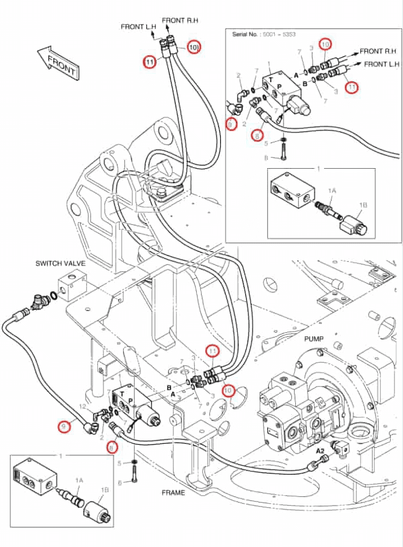 Doosan DX27Z installation diagram showing hydraulic hose DS2093180 at Pipe No. 9