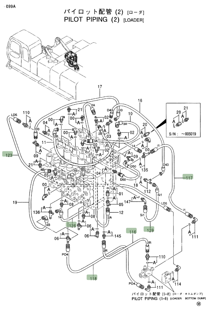 Hitachi EX750-5 installation diagram showing hydraulic hose 4366742 at Pipe No. 117