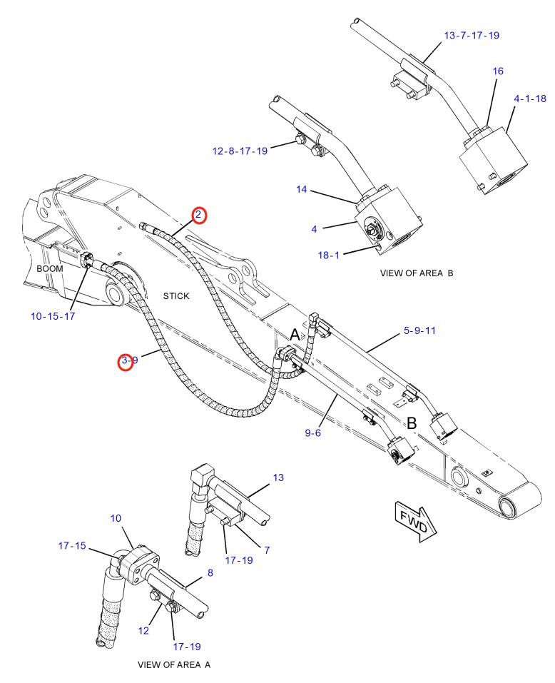 Caterpillar CAT®315F LCR installation diagram showing hydraulic hose 241-5149 at Pipe No. 2
