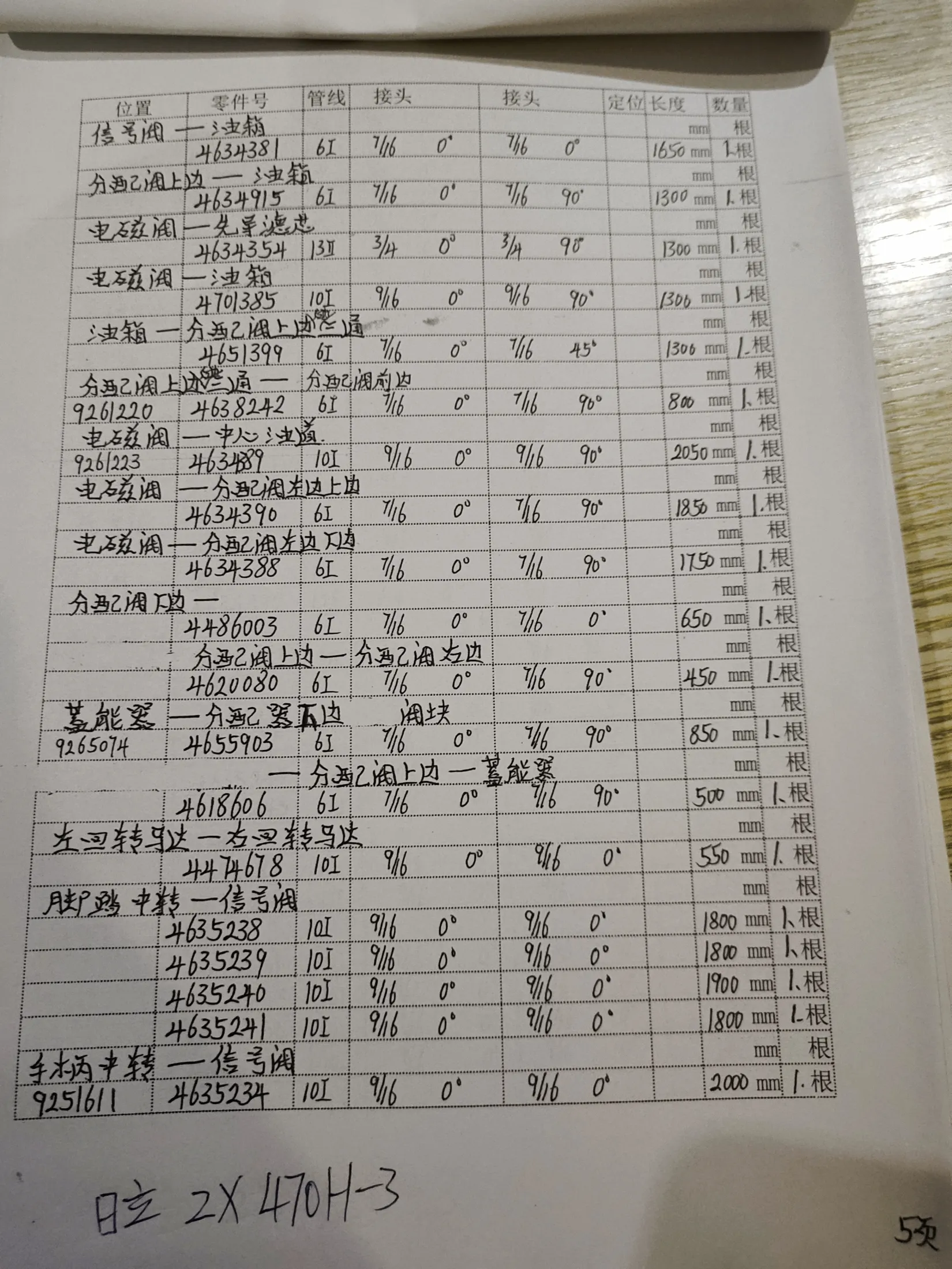 日立 ZX470H-3液压胶管零件号及记录长度— 技术员笔记页1共1页
