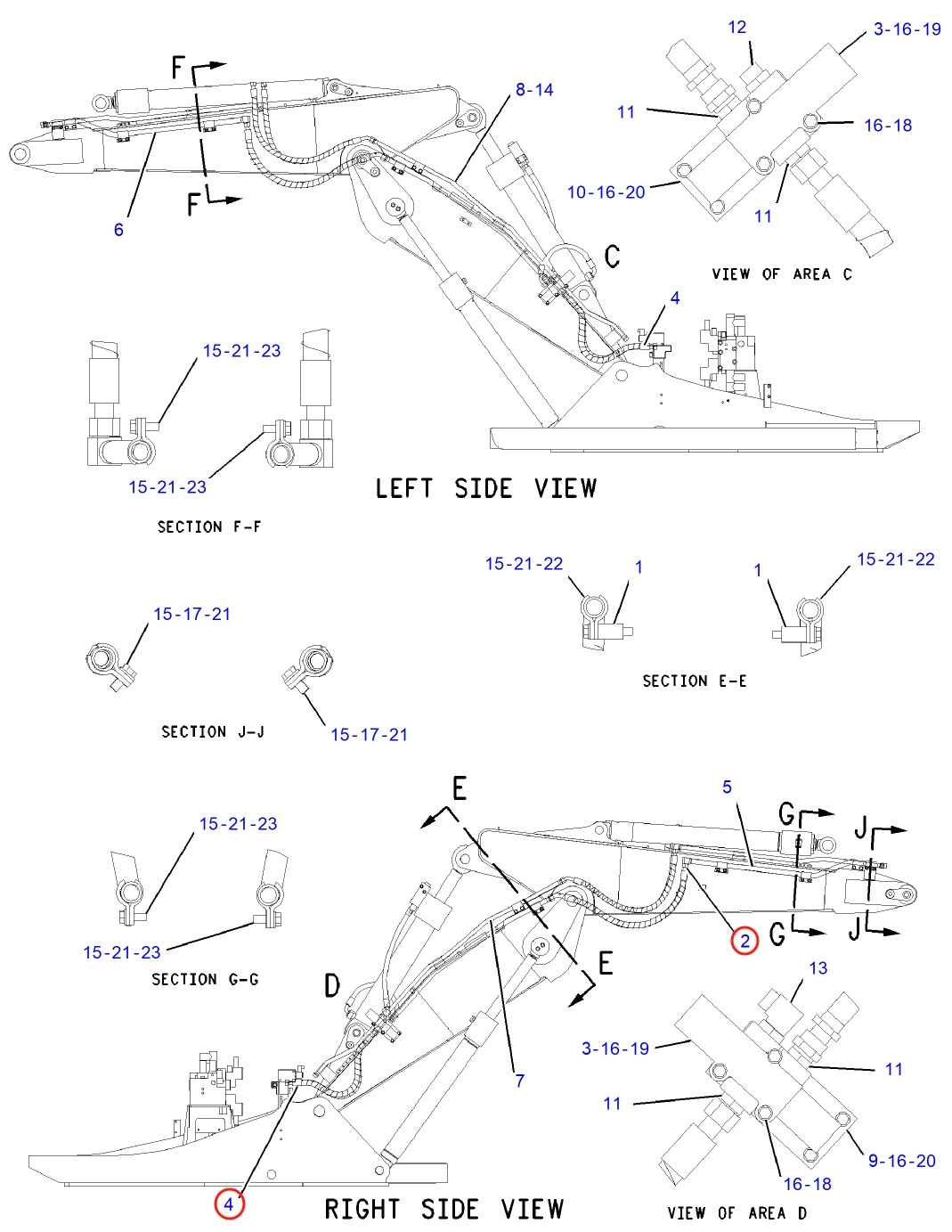 Caterpillar CAT®312C installation diagram showing hydraulic hose 190-8614 at Pipe No. 4