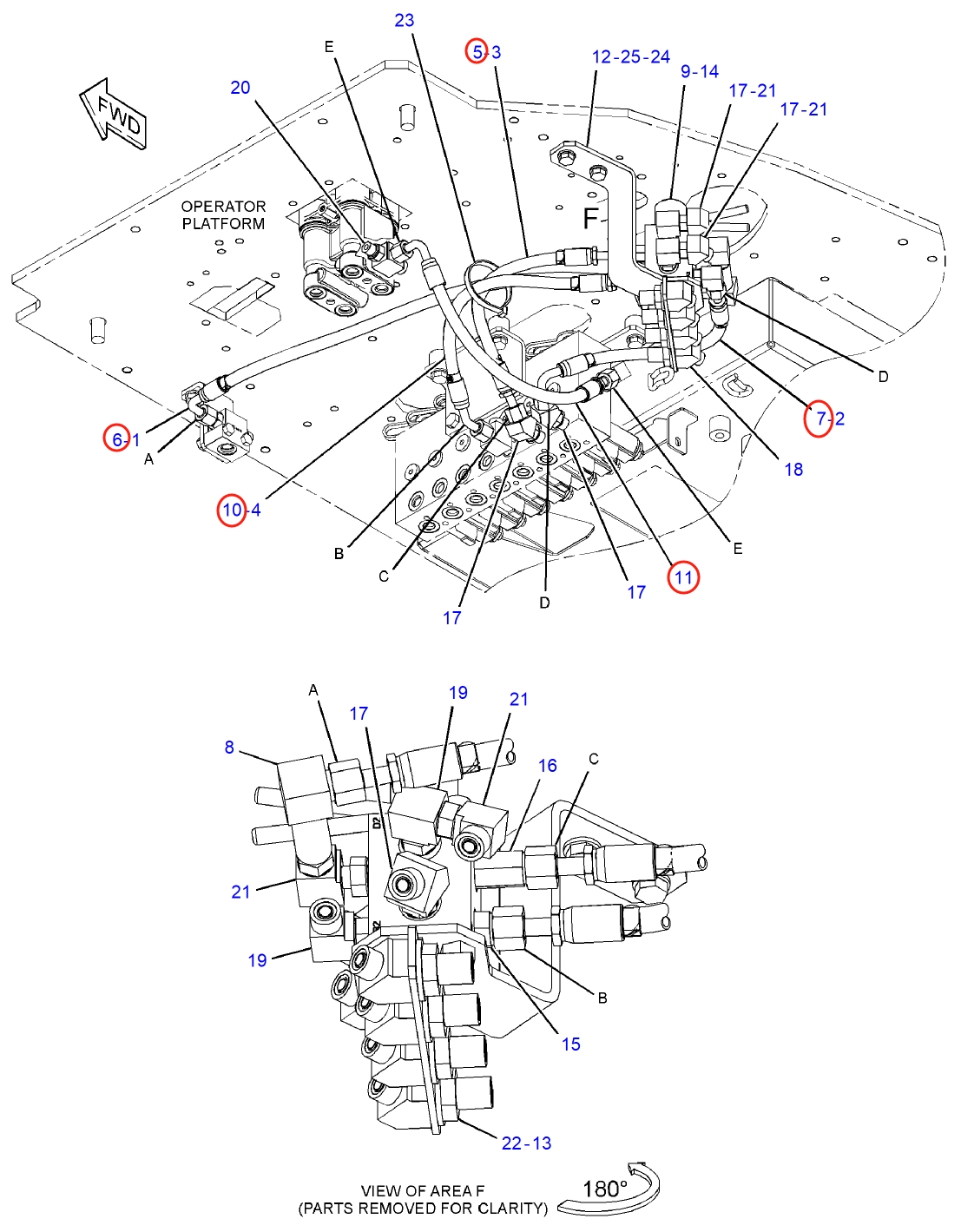 Caterpillar CAT®314E LCR installation diagram showing hydraulic hose 087-6582 at Pipe No. 5