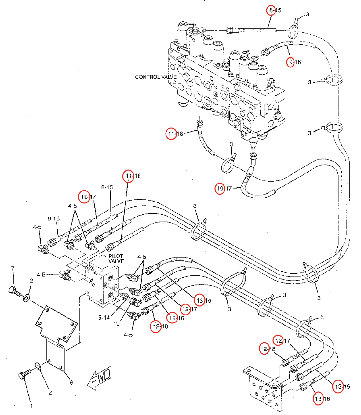 Caterpillar CAT®315B installation diagram showing hydraulic hose 4I-1419 at Pipe No. 8