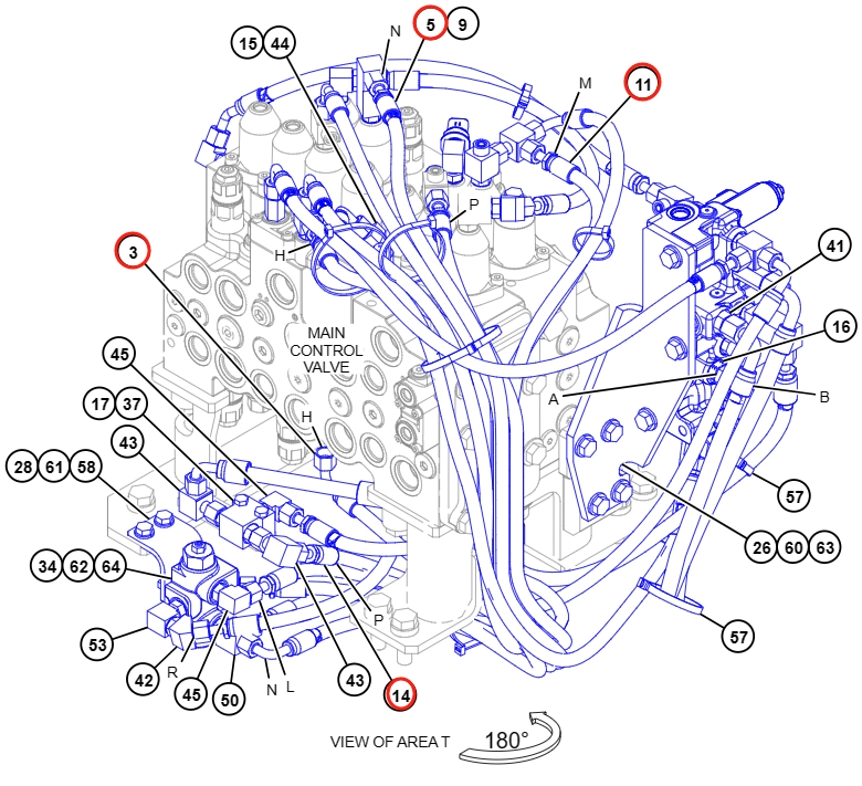 Caterpillar CAT®311F LRR installation diagram showing hydraulic hose 143-4254 at Pipe No. 14