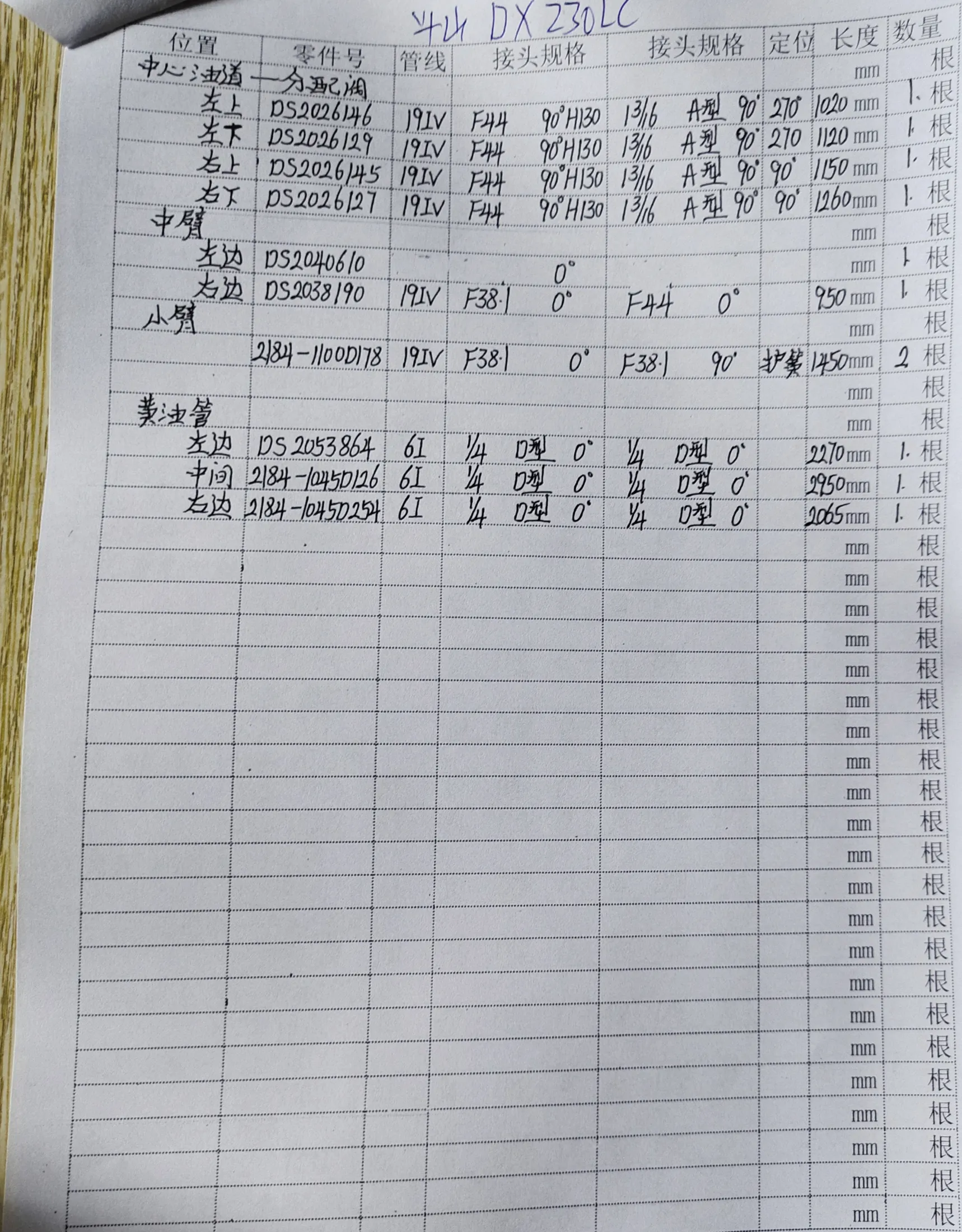 Doosan DX230LC hydraulic hose part numbers and recorded lengths — technician notebook page 2 of 5
