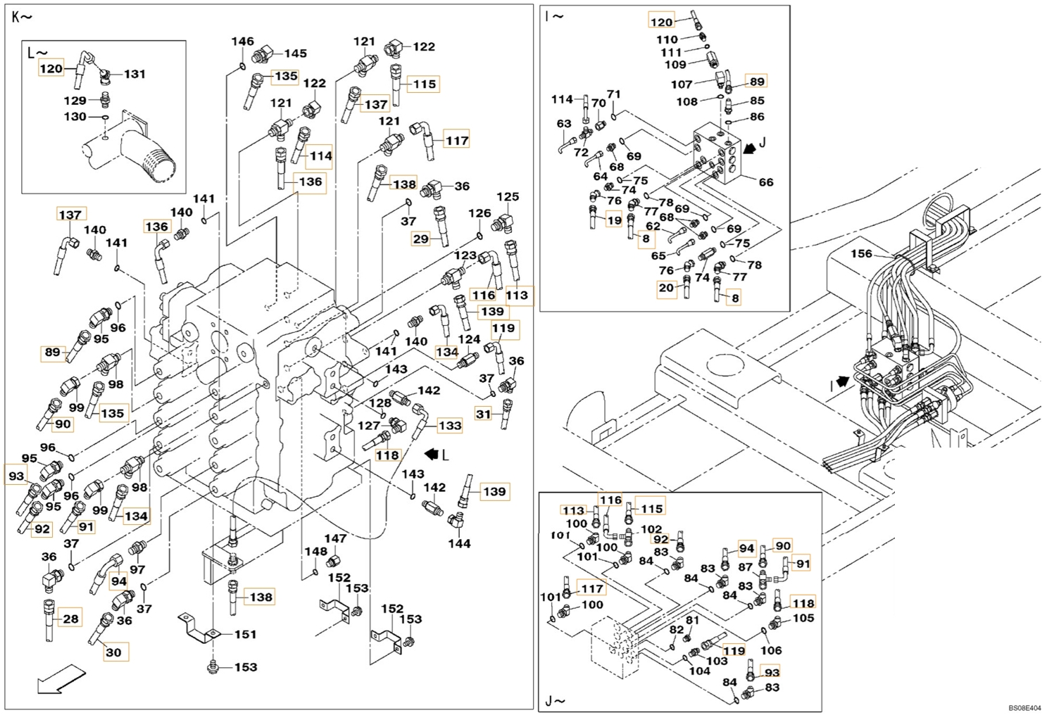Case CX800B installation diagram showing hydraulic hose 152767A1 at Pipe No. 93