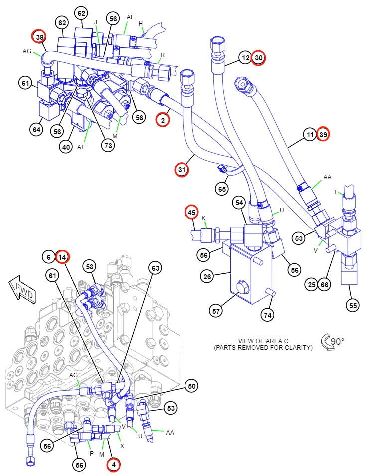 Caterpillar CAT®312D2 GC installation diagram showing hydraulic hose 4I-5900 at Pipe No. 4