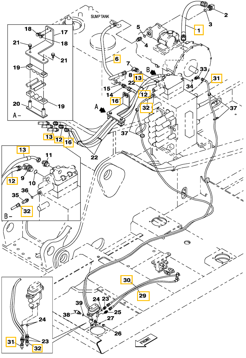 Case CX250C installation diagram showing hydraulic hose KHJ2088 at Pipe No. 30