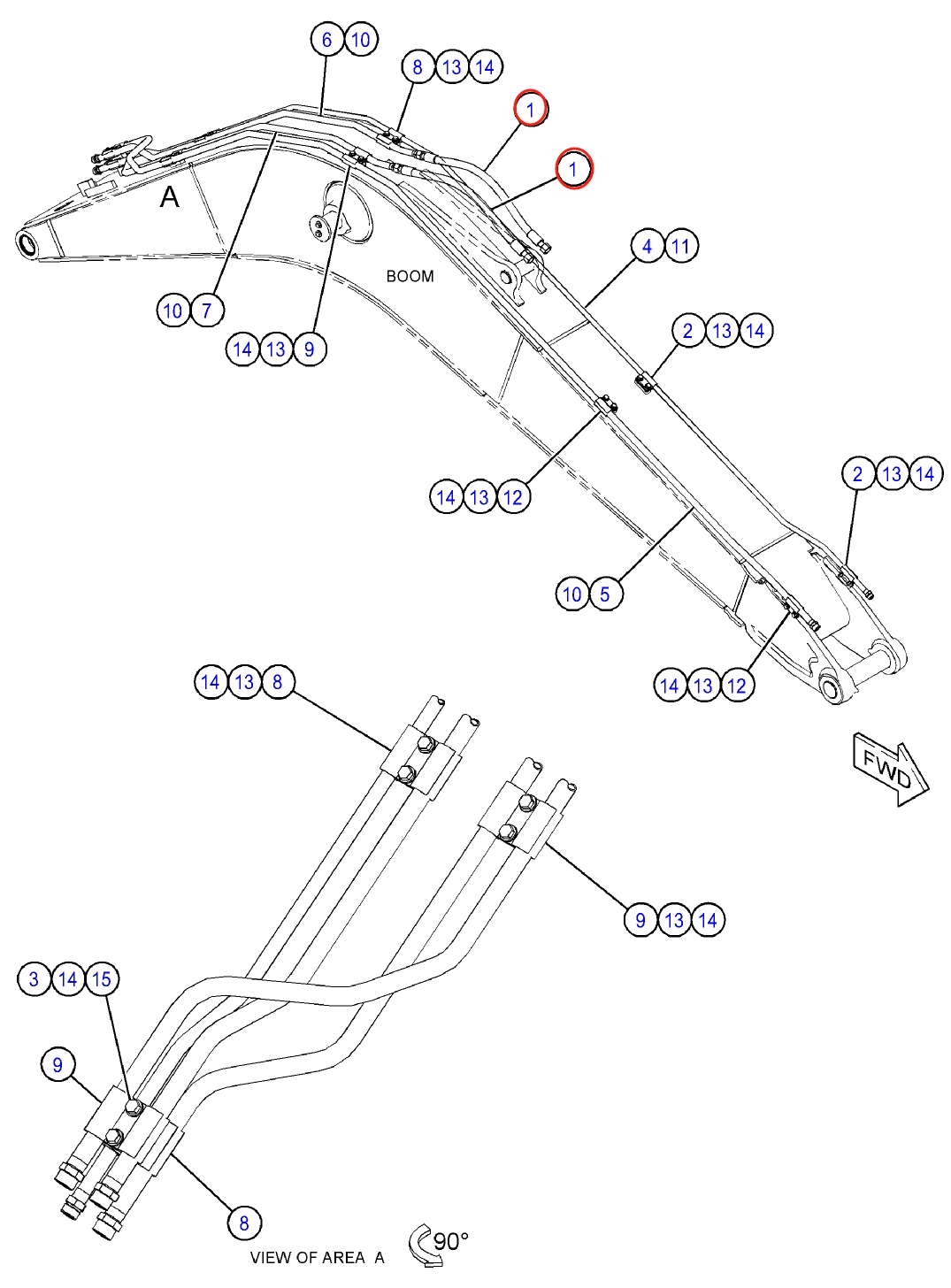 Caterpillar CAT®313F LGC installation diagram showing hydraulic hose 4I-1095 at Pipe No. 1