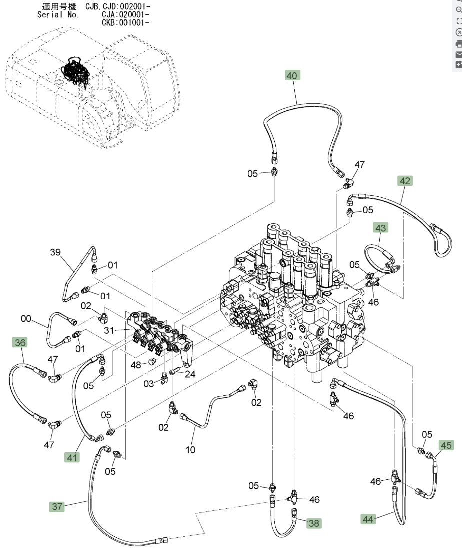 Hitachi ZX220W-3 installation diagram showing hydraulic hose 4643029 at Pipe No. 41
