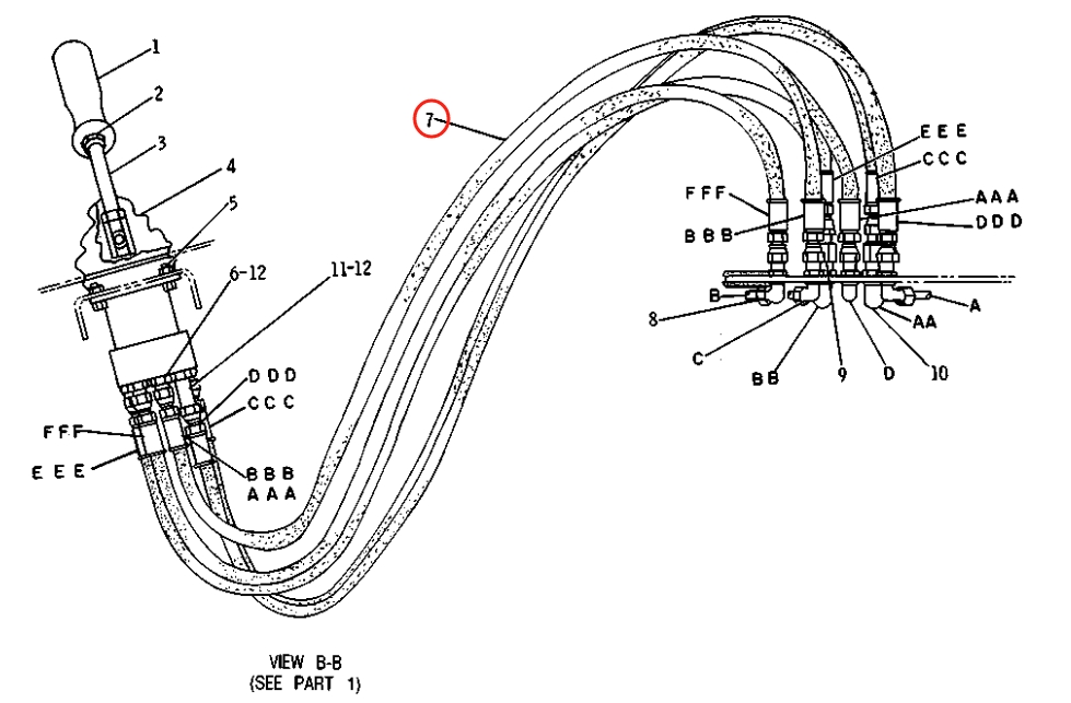 Caterpillar CAT®215C installation diagram showing hydraulic hose 2V-8572 at Pipe No. 7