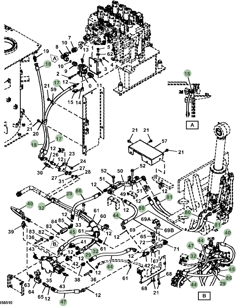 Hitachi ZX470LC-6 installation diagram showing hydraulic hose 4313421 at Pipe No. 40