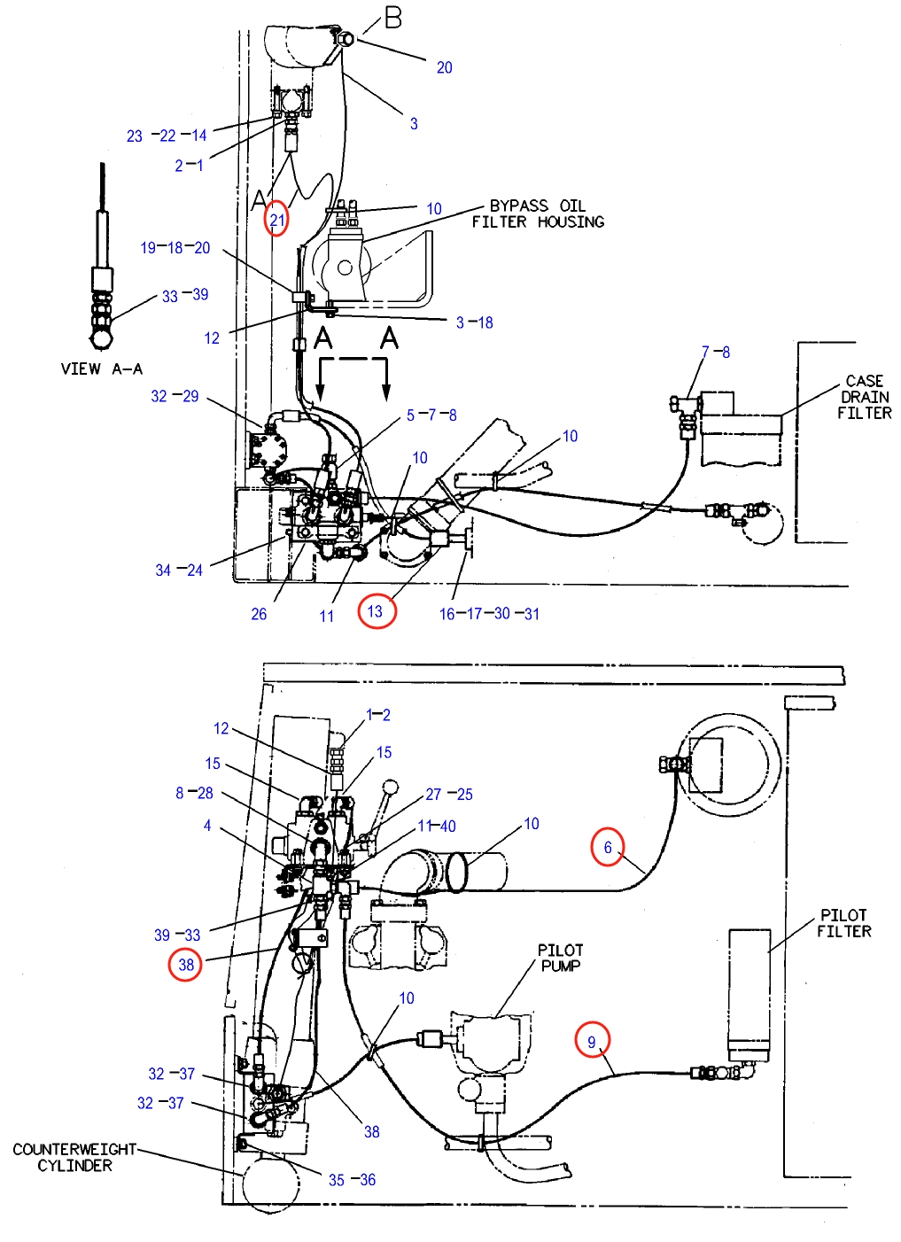 Caterpillar CAT®245D installation diagram showing hydraulic hose 2V-0512 at Pipe No. 21