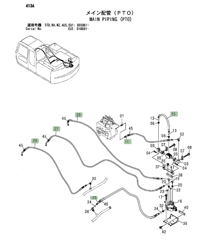 Hitachi ZX160LC installation diagram showing hydraulic hose 4425783 at Pipe No. 11