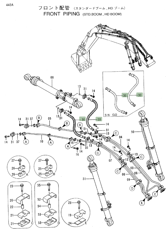 Hitachi EX450LC-5 installation diagram showing hydraulic hose 4311057 at Pipe No. 30