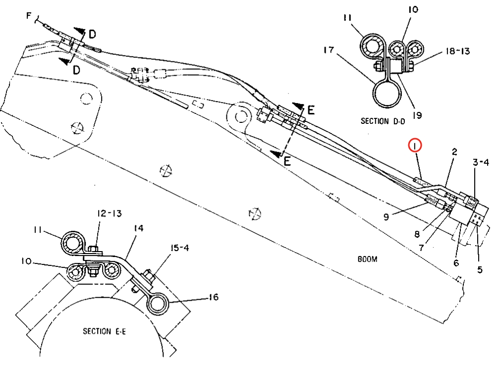 Caterpillar CAT®215C installation diagram showing hydraulic hose 6W-7665 at Pipe No. 1