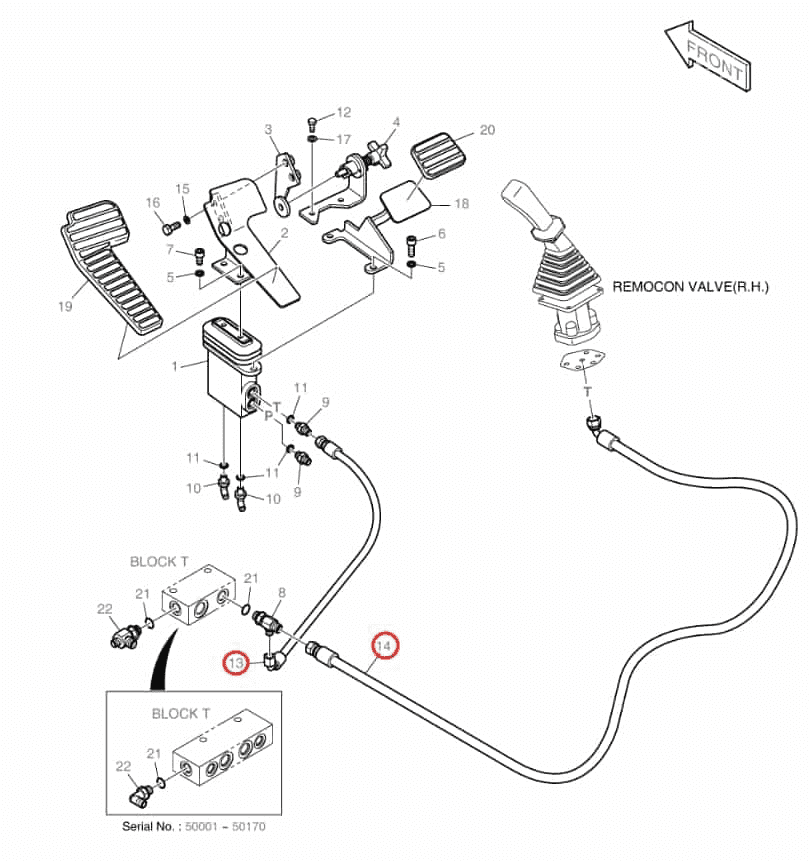 Doosan DX140LC installation diagram showing hydraulic hose DS2093200 at Pipe No. 13