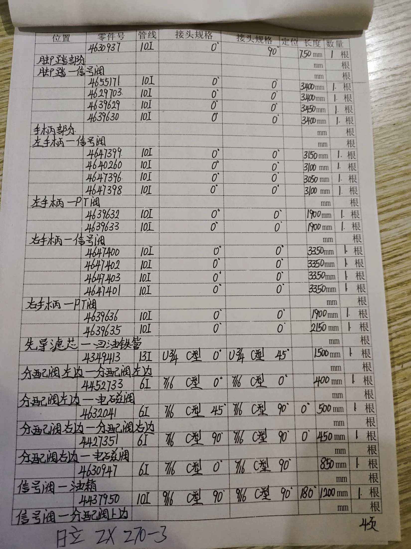 Hitachi ZX270-3 hydraulic hose part numbers and recorded lengths — technician notebook page 4 of 5