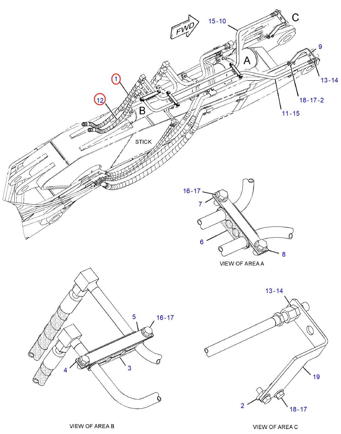 Caterpillar CAT®313F installation diagram showing hydraulic hose 108-7562 at Pipe No. 1