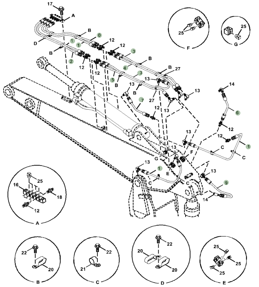 Hitachi ZX470LC-5G installation diagram showing hydraulic hose 4214424 at Pipe No. 7