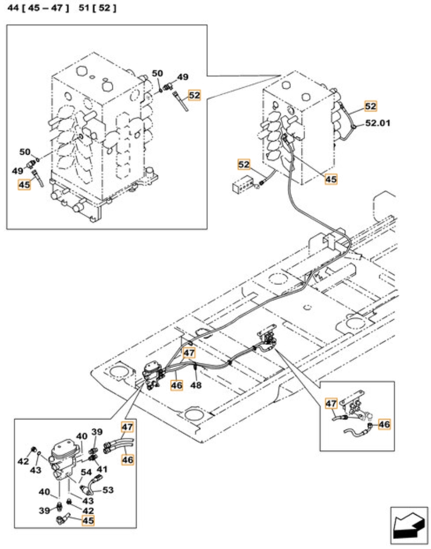 Case CX490C installation diagram showing hydraulic hose KHJ25060 at Pipe No. 45