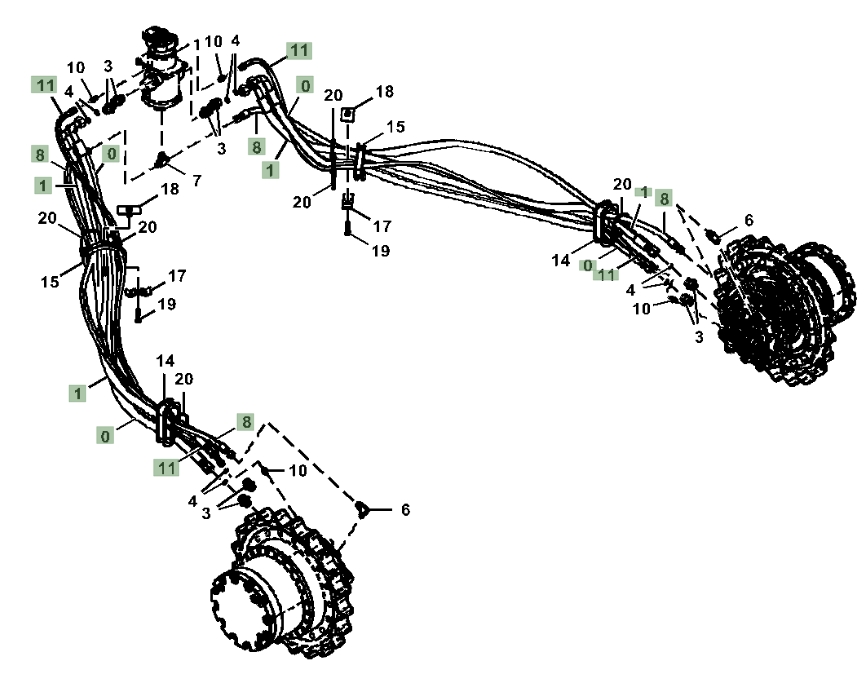 Hitachi ZX210-5N installation diagram showing hydraulic hose 4447566 at Pipe No. 11