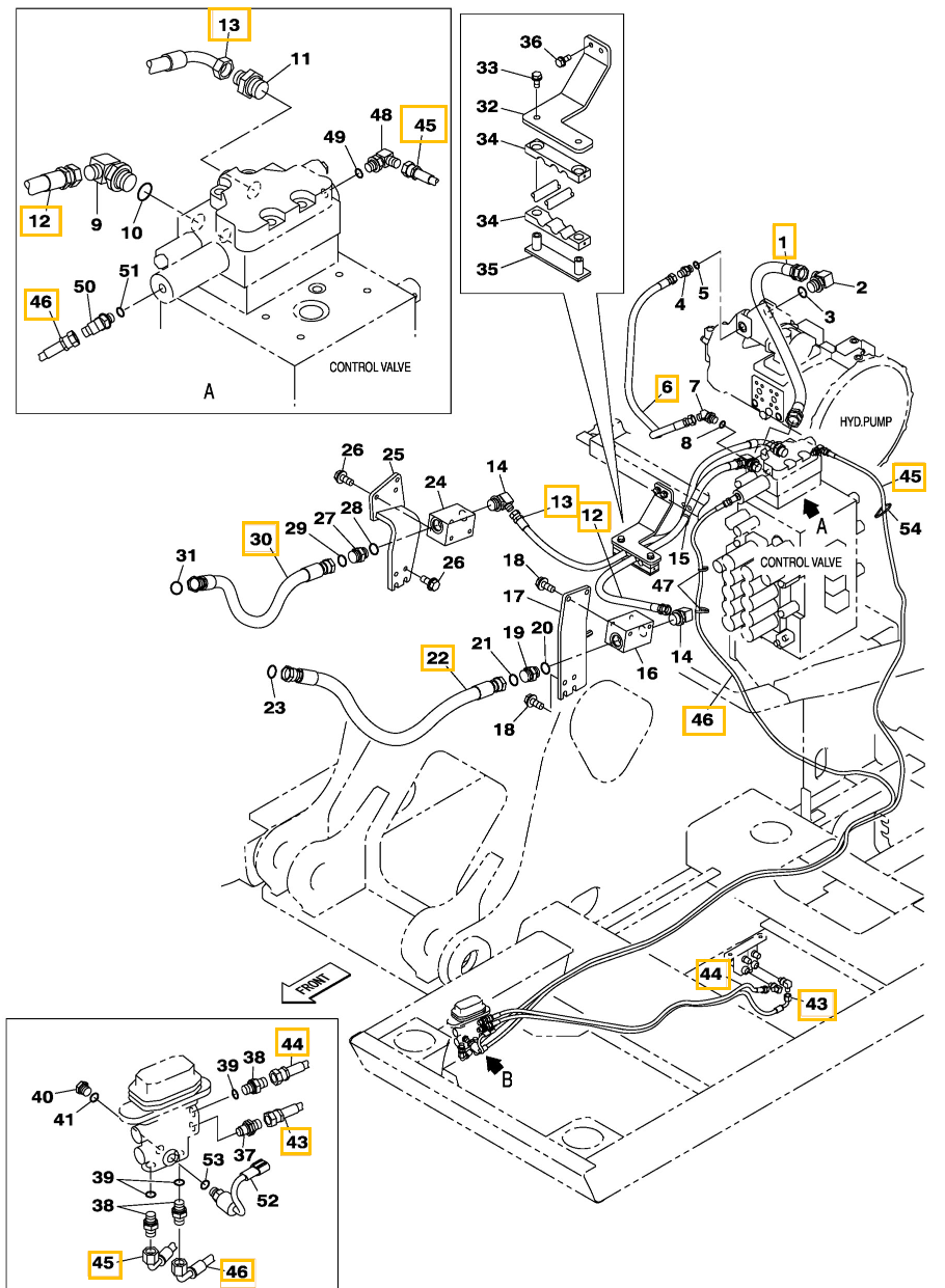 Case CX250C installation diagram showing hydraulic hose KHJ13660 at Pipe No. 45