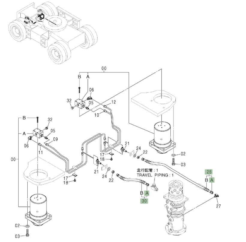 Hitachi ZX210W installation diagram showing hydraulic hose 4436267 at Pipe No. 30A